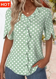 ROTITA Ruffle Polka Dot Green V Neck T Shirt