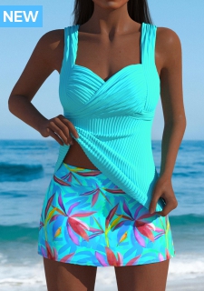ROTITA Cyan Leaf Print Mid Waisted Tankini Set