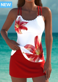ROTITA Red Floral Print Mid Waisted Tankini Set
