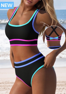 ROTITA Black Mid Waisted Patchwork Bikini Set
