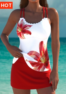 ROTITA Red Floral Print Mid Waisted Tankini Set