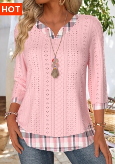 ROTITA Plaid Light Pink Split Neck 3/4 Sleeve T Shirt
