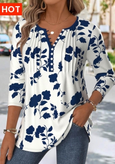 ROTITA Floral Print Navy Split Neck Long Sleeve T Shirt