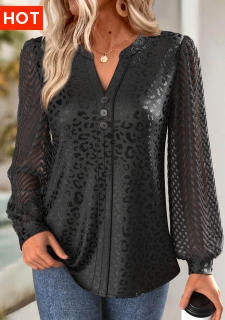 ROTITA Jacquard Black Split Neck Long Sleeve Blouse