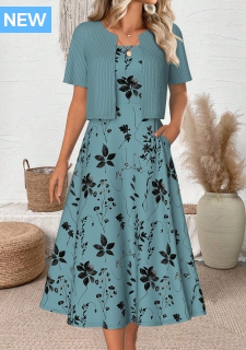 ROTITA Leaf Print Cyan Round Neck Dress and Cardigan