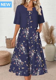 ROTITA Floral Print Navy Round Neck Dress and Cardigan