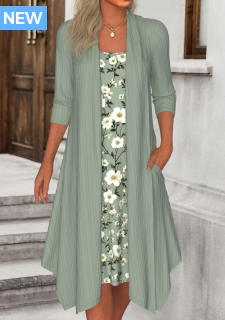 ROTITA Fake 2in1 Floral Print Sage Green A Line Dress