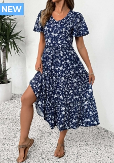 ROTITA Ditsy Floral Print Navy V Neck Short Sleeve Dress