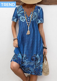 ROTITA Button Floral Print Denim Blue A Line Dress
