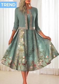 ROTITA Two Piece Floral Print Sage Green Dress and Cardigan