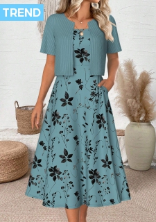 ROTITA Leaf Print Cyan Round Neck Dress and Cardigan
