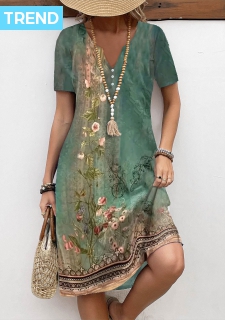 ROTITA Button Floral Print Green A Line Split Neck Dress