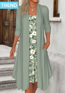 ROTITA Fake 2in1 Floral Print Sage Green A Line Dress
