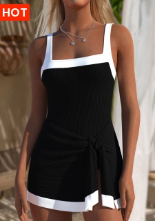 ROTITA Black Square Neck One Piece Swimdress