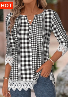 ROTITA Gingham Print Black Split Neck Long Sleeve T Shirt
