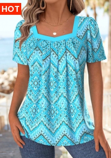 ROTITA Geometric Print Cyan Square Neck Short Sleeve T Shirt