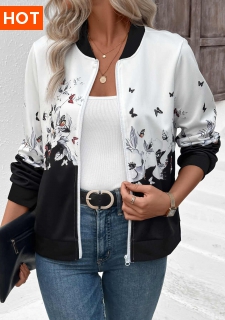 ROTITA Zipper Floral Print White Stand Collar Long Sleeve Jacket