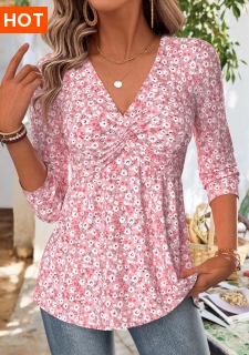 ROTITA Ditsy Floral Print Pink V Neck T Shirt