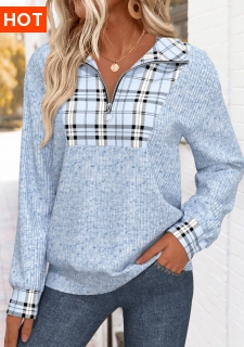 ROTITA Plus Size Tummy Coverage Light Blue Plaid Sweatshirt
