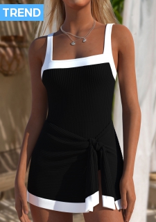 ROTITA Black Square Neck One Piece Swimdress