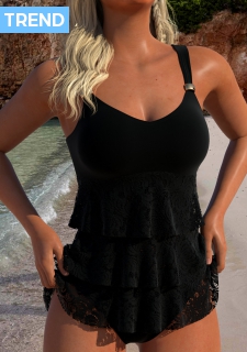 ROTITA Lace V Neck Black Tankini Set