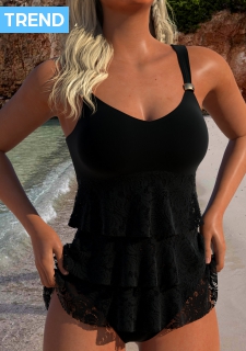 ROTITA Lace V Neck Black Tankini Set