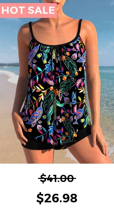 ROTITA Black Spaghetti Strap Floral Print Tankini Top