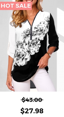 ROTITA Floral Print Contrast Quarter Zip Black Blouse